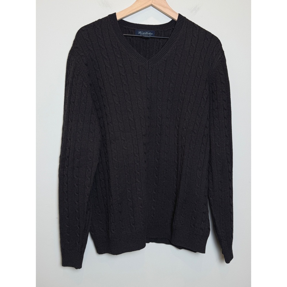 VTG Brooks Brothers Merino Wool Cotton Cable Knit V-Neck Sweater XL Dark Brown